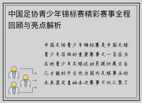 中国足协青少年锦标赛精彩赛事全程回顾与亮点解析